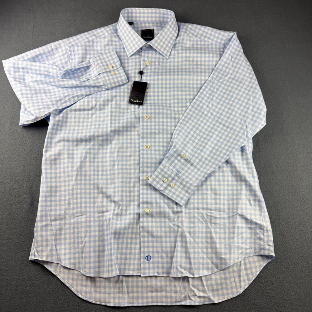David Donahue Shirt Men's 17.5 32-33 Blue Gingham Check Plaid Dress Spread Sky - Picture 2 of 11